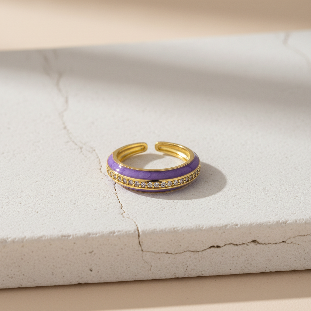 Lilac Enamel & Gold Adjustable Ring with Diamond Band LR10199