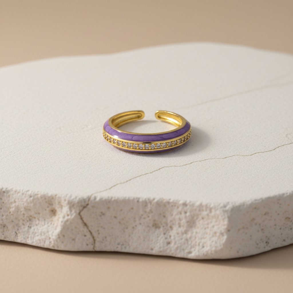 Lilac Enamel & Gold Adjustable Ring with Diamond Band LR10199