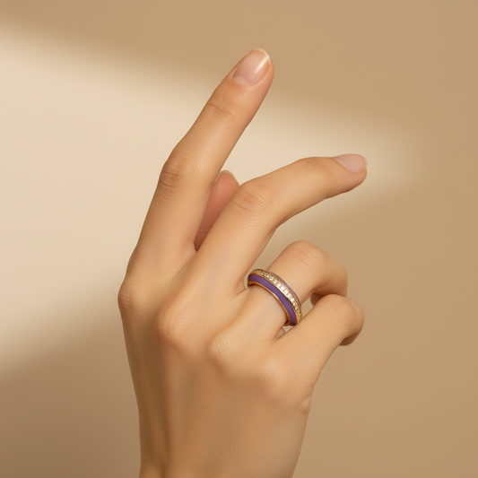 Lilac Enamel & Gold Adjustable Ring with Diamond Band LR10199