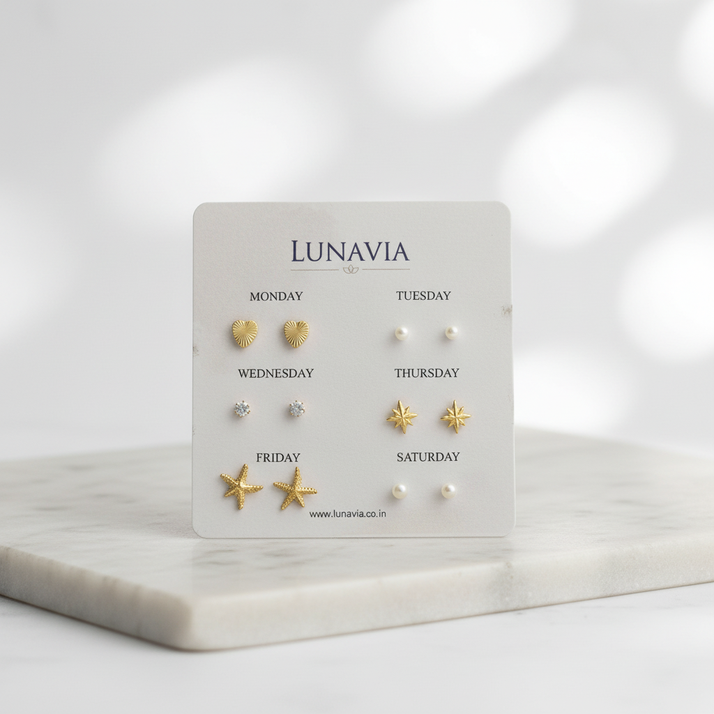 6-Pair Everyday Stud Earring Set – Minimal Gold & Pearl Designs for Each Day LE10337