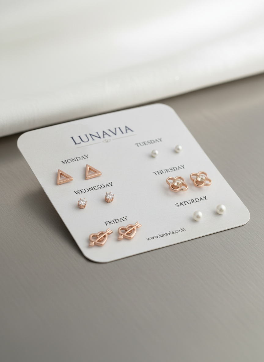 Lunavia 6-Pair Everyday Stud Earring Set – Minimalist Weekly Collection LE10328