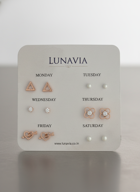 Lunavia 6-Pair Everyday Stud Earring Set – Minimalist Weekly Collection LE10328