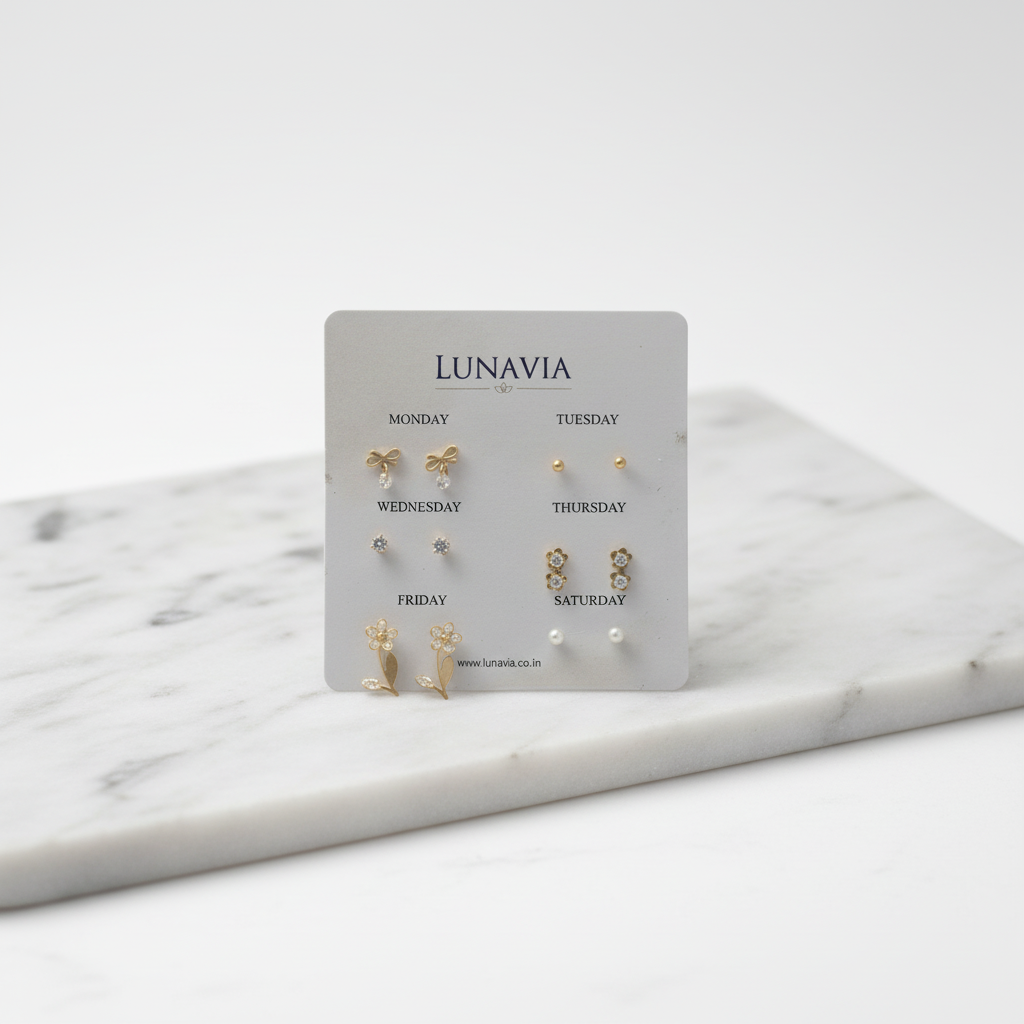6-Pair Gold & Pearl Weekly Stud Earring Set – Elegant Minimal Design for Everyday Style LE10339