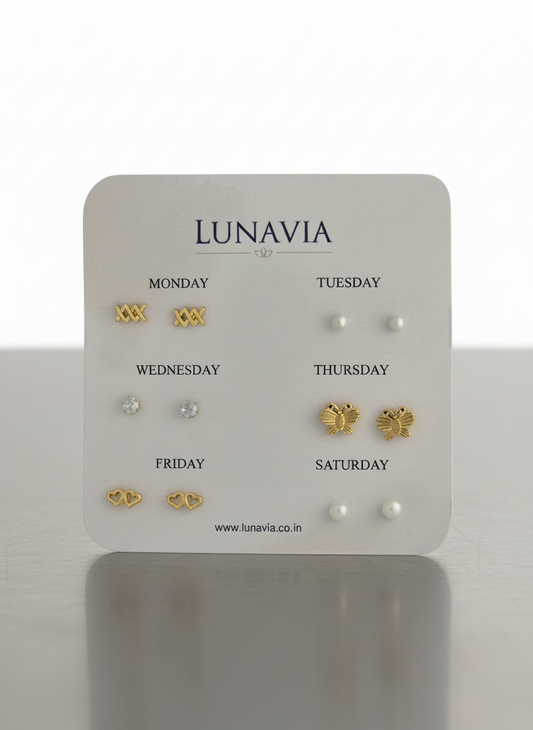 Lunavia 6-Pair Gold Plated Stud Earring Set – Elegant Daily Wear Collection for Women LE10332