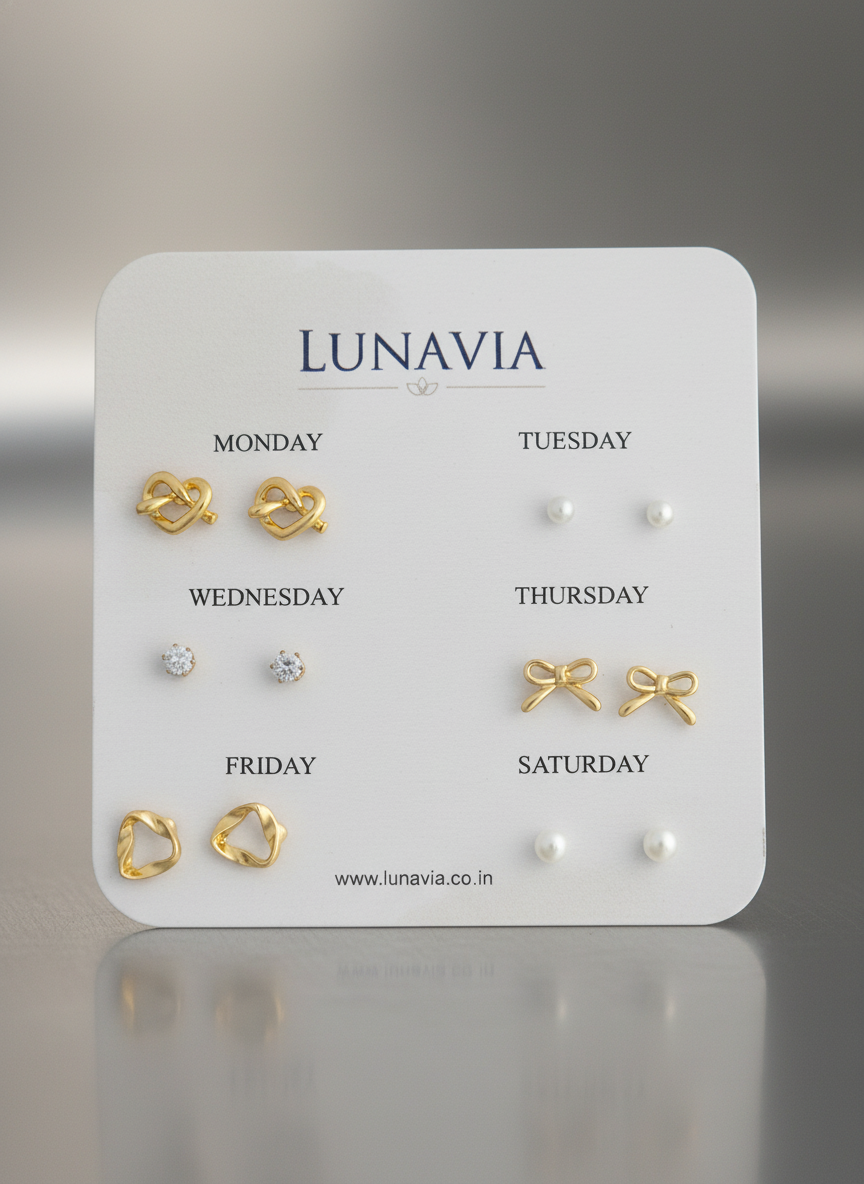 Lunavia 6-Pair Gold Plated Stud Earring Set – Elegant Minimalist Daily Wear Earrings for Women LE10335