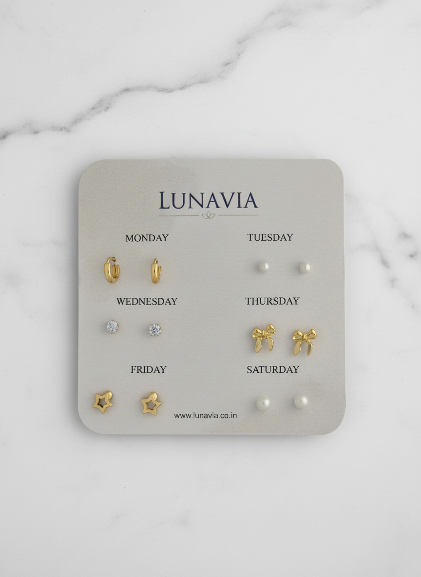 Lunavia 6-Pair Gold Plated Stud Earring Set – Minimalist Everyday Earrings for Women LE10334