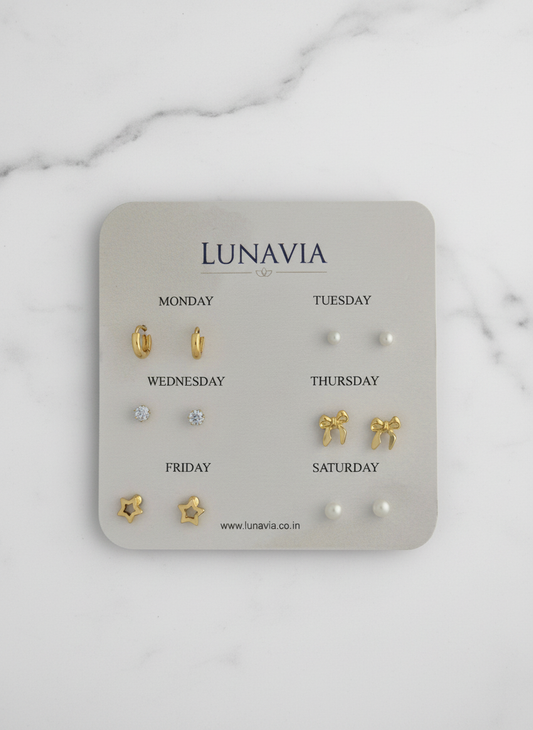 Lunavia 6-Pair Gold Plated Stud Earring Set – Minimalist Everyday Earrings for Women LE10334