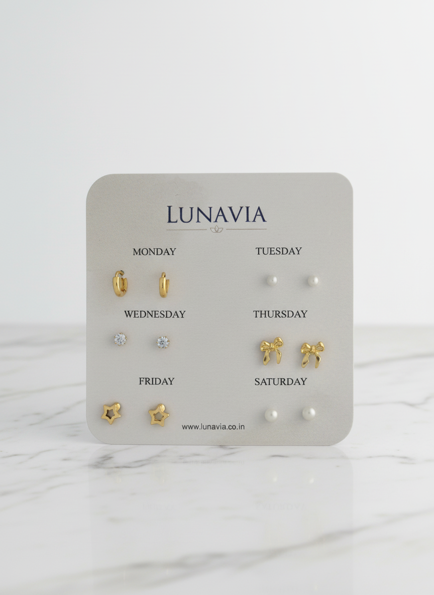 Lunavia 6-Pair Gold Plated Stud Earring Set – Minimalist Everyday Earrings for Women LE10334