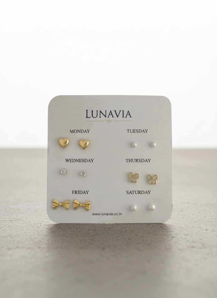 Lunavia 6-Pair Gold Stud Earring Set – Elegant Daily Wear Collection for Women LE10331