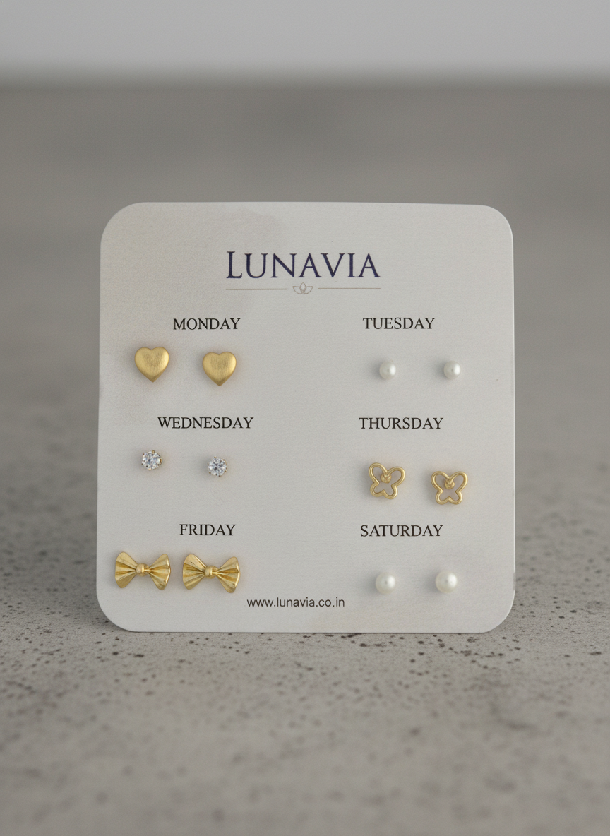 Lunavia 6-Pair Gold Stud Earring Set – Elegant Daily Wear Collection for Women LE10331