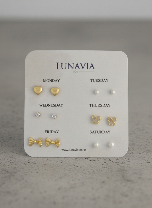 Lunavia 6-Pair Gold Stud Earring Set – Elegant Daily Wear Collection for Women LE10331