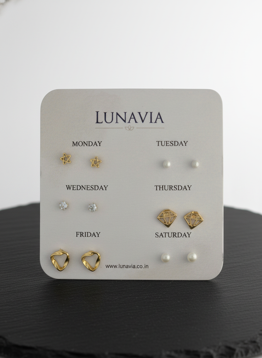 Lunavia 6-Pair Gold Stud Earring Set – Elegant Minimalist Earrings for Everyday Wear LE10336