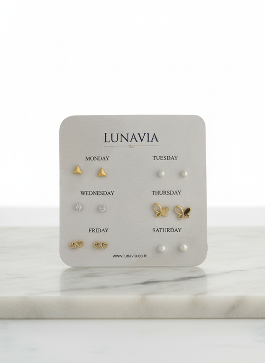 Lunavia 6-Pair Gold Stud Earring Set – Minimal Daily Wear Collection for Women LE10330