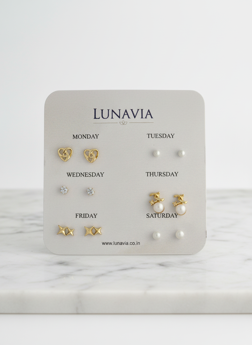 Lunavia 6-Pair Gold Stud Earring Set – Stylish Everyday Wear Jewelry for Women LE10333