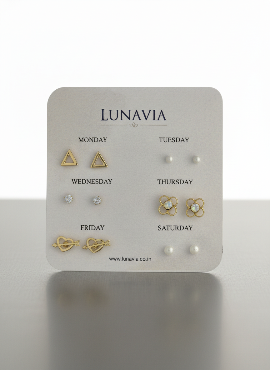 Lunavia 6-Pair Minimal Gold Stud Earring Set – Elegant Daily Wear Collection LE10329