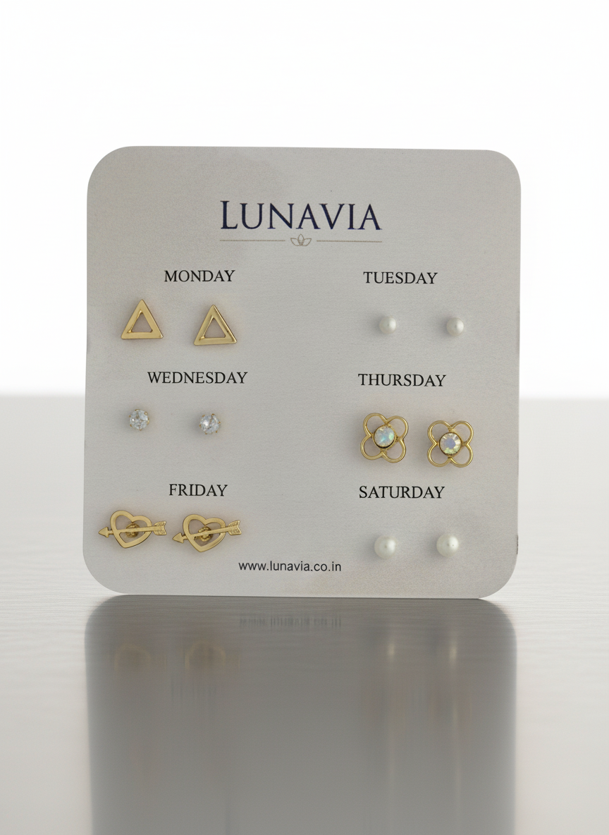 Lunavia 6-Pair Minimal Gold Stud Earring Set – Elegant Daily Wear Collection LE10329