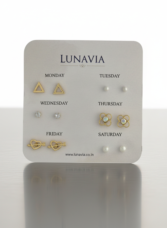 Lunavia 6-Pair Minimal Gold Stud Earring Set – Elegant Daily Wear Collection LE10329