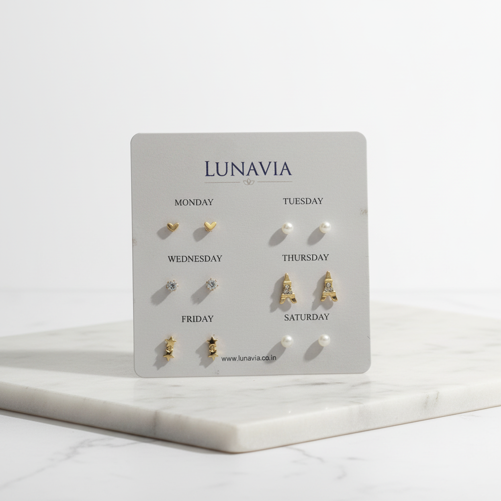 6-Pair Weekly Stud Earring Set – Elegant Gold & Pearl Minimal Designs for Everyday Wear LE10338