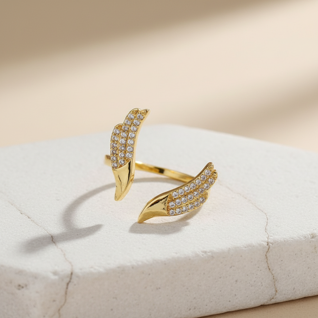 Angel Wing Gold Ring – Adjustable Diamond-Studded Open Ring for Women LR10186