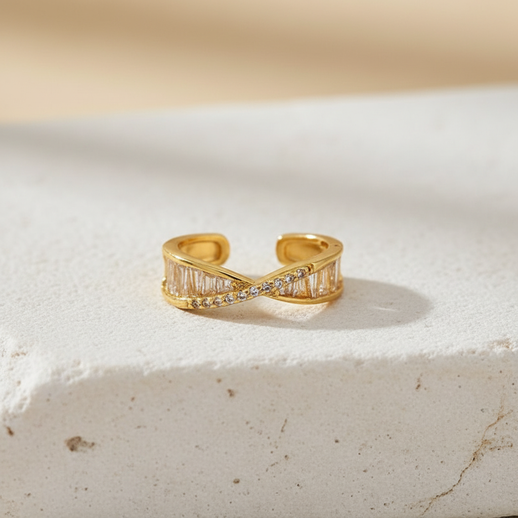Baguette Crossover Gold Ring – Adjustable Modern Band with Crystal Detailing LR10187