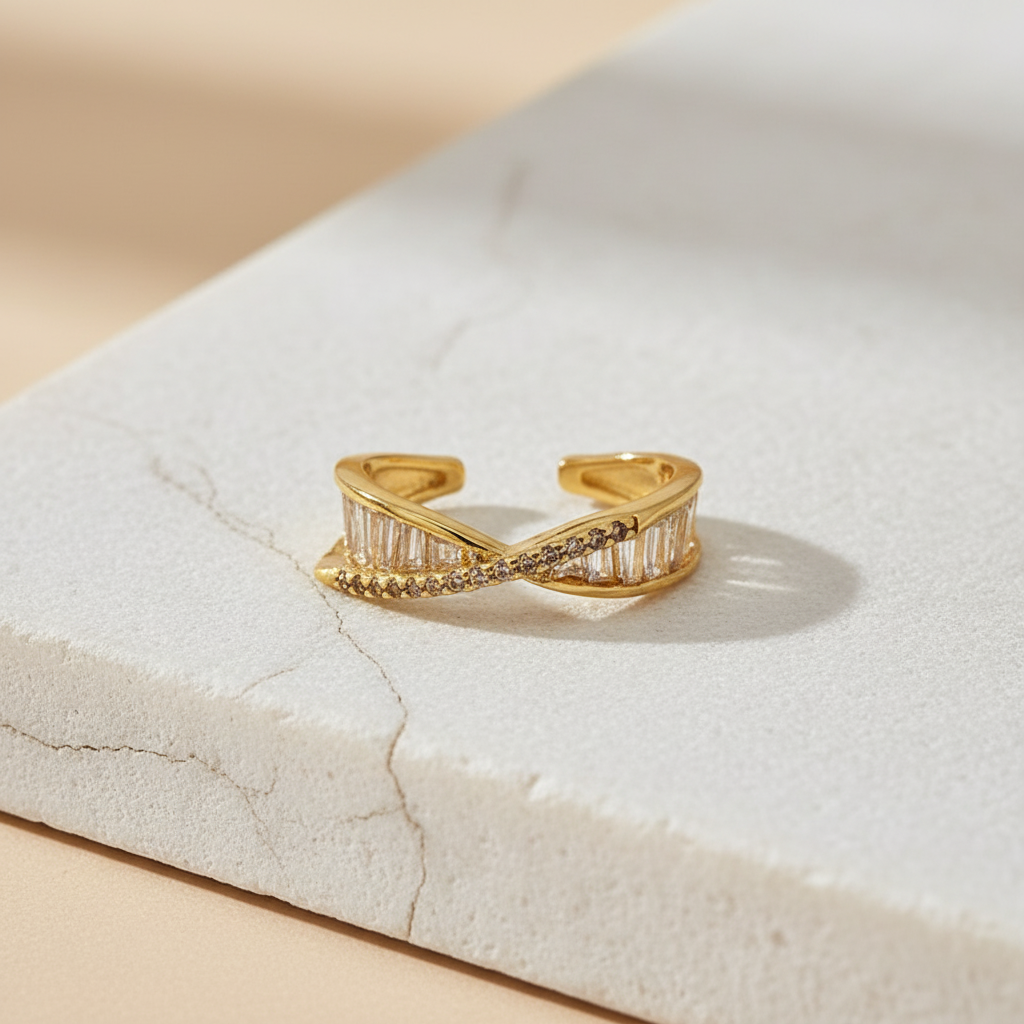 Baguette Crossover Gold Ring – Adjustable Modern Band with Crystal Detailing LR10187
