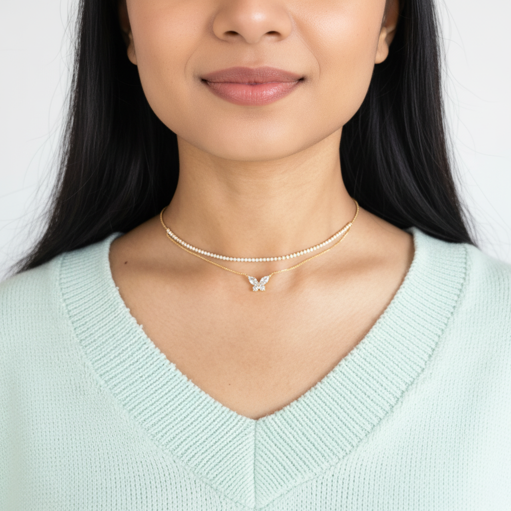 Butterfly Pendant Dual-Layer Choker – Elegant Gold and Pearl Choker Necklace for Women LN10308
