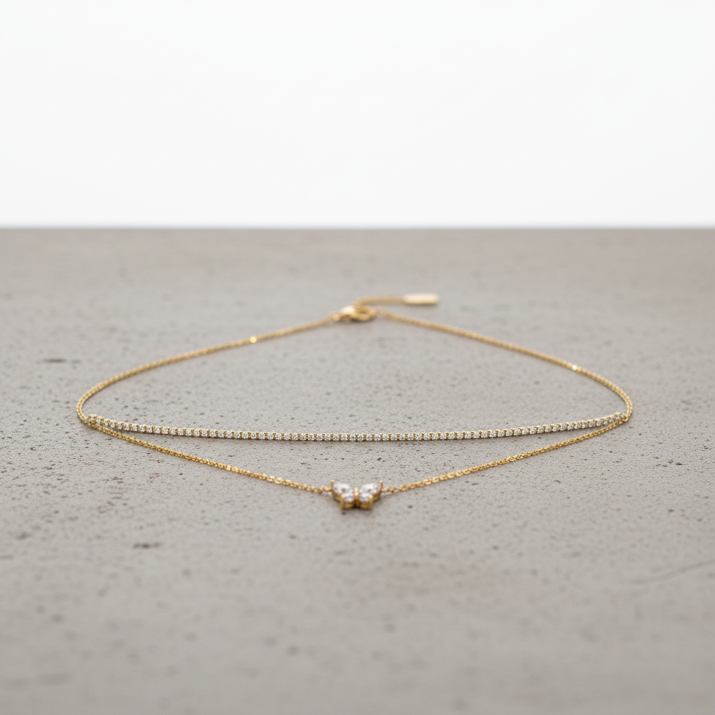 Butterfly Pendant Dual-Layer Choker – Elegant Gold and Pearl Choker Necklace for Women LN10308