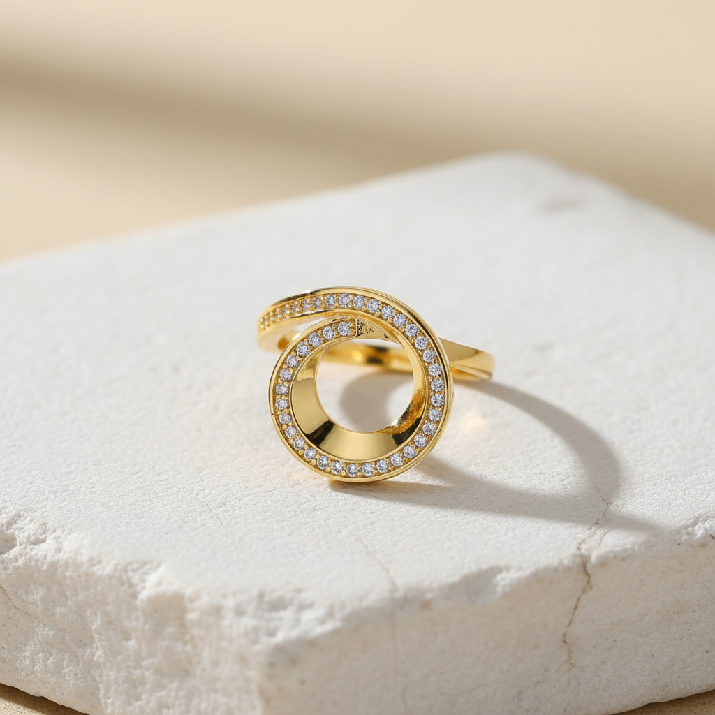 Circle Loop Gold Ring – Elegant Crystal-Studded Open Circle Design LR10188