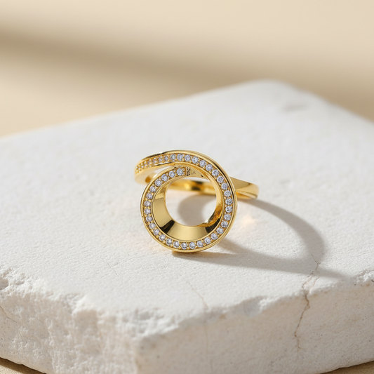 Circle Loop Gold Ring – Elegant Crystal-Studded Open Circle Design LR10188
