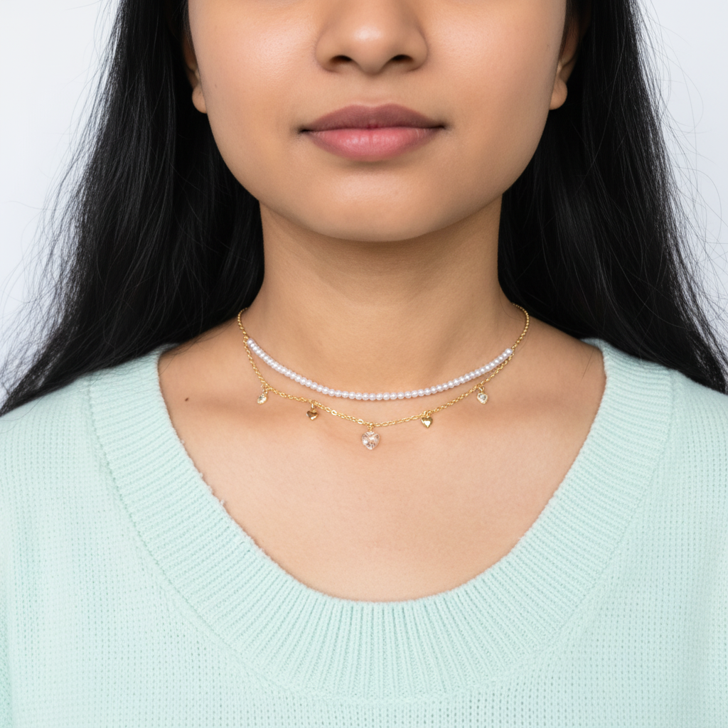Dual-Layer Pearl and Heart Charm Choker – Elegant Gold Choker Necklace for Women LN10307