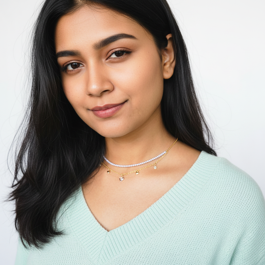 Dual-Layer Pearl and Heart Charm Choker – Elegant Gold Choker Necklace for Women LN10307