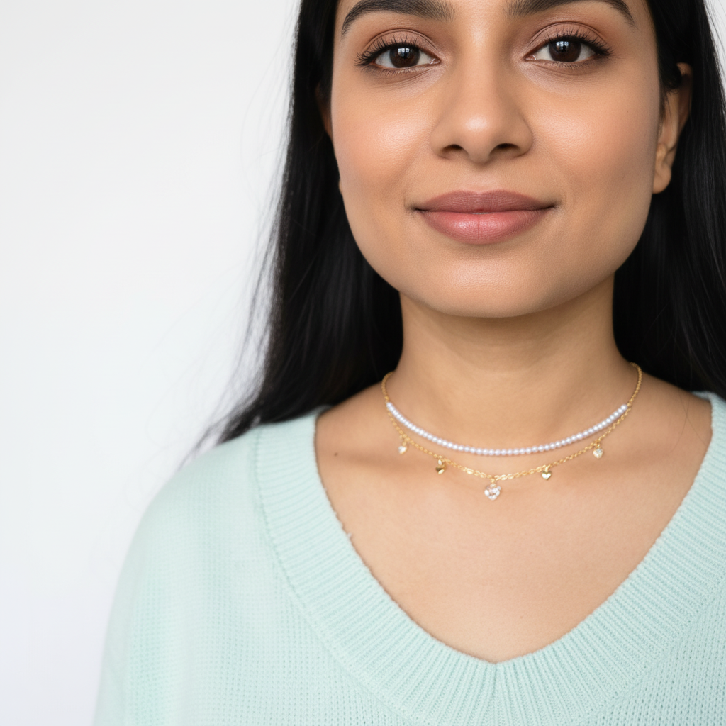 Dual-Layer Pearl and Heart Charm Choker – Elegant Gold Choker Necklace for Women LN10307