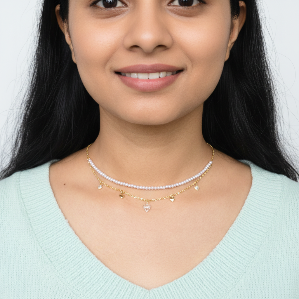 Dual-Layer Pearl and Heart Charm Choker – Elegant Gold Choker Necklace for Women LN10307