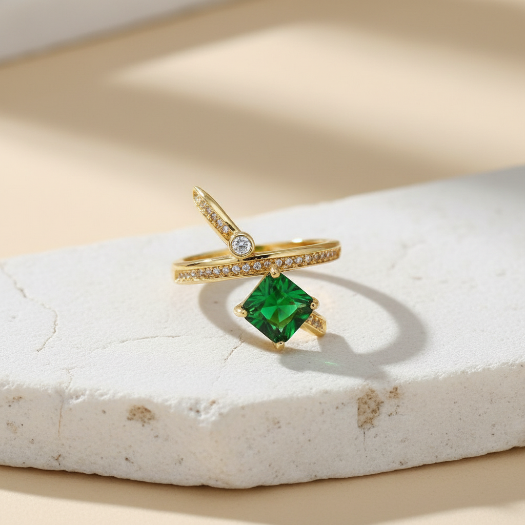 Emerald Green Stone Gold Ring – Adjustable Crystal Statement Ring for Women LR10182