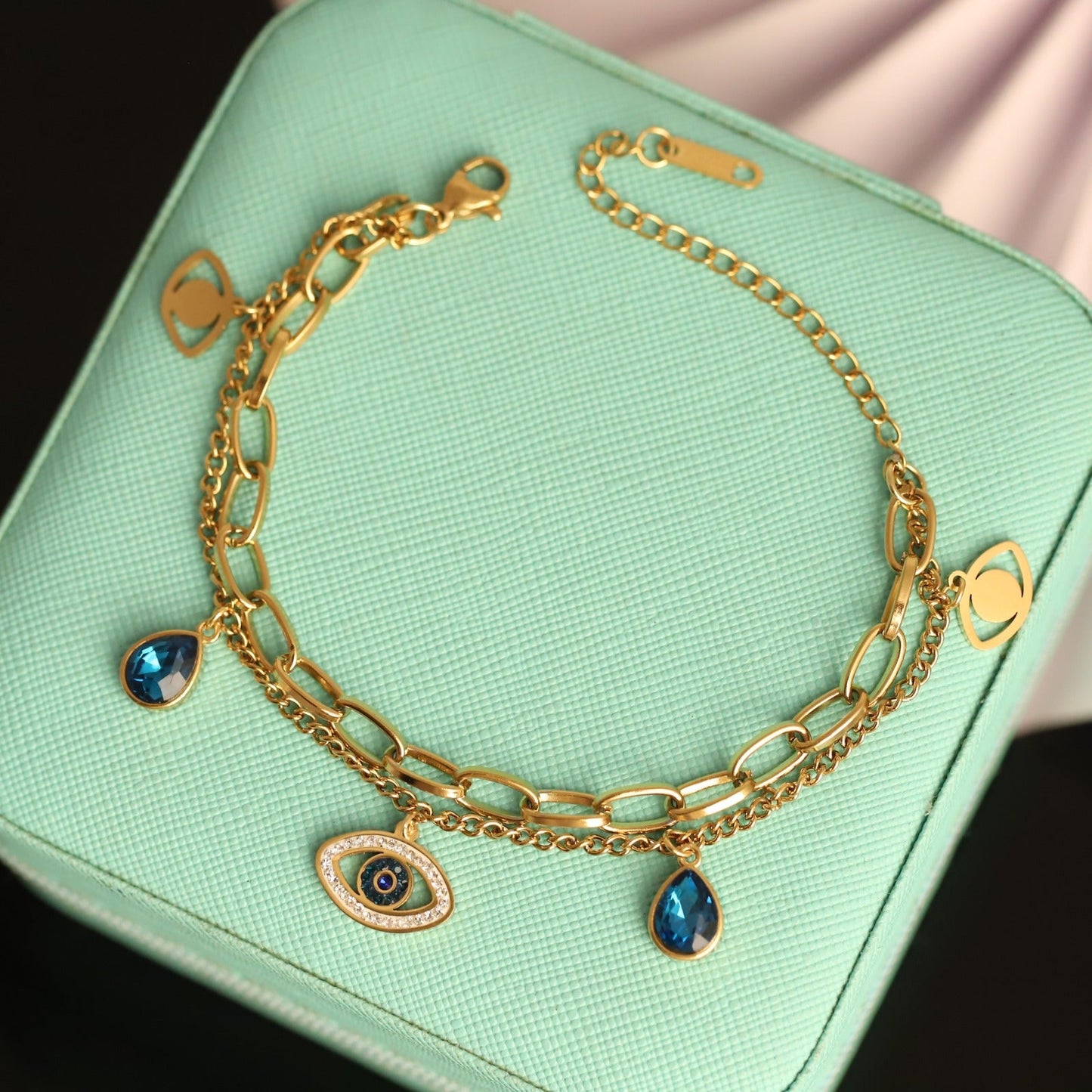 Evil Eye Gold Charm Bracelet – Blue Stone & Symbolic Protection Jewelry for Women LB10205