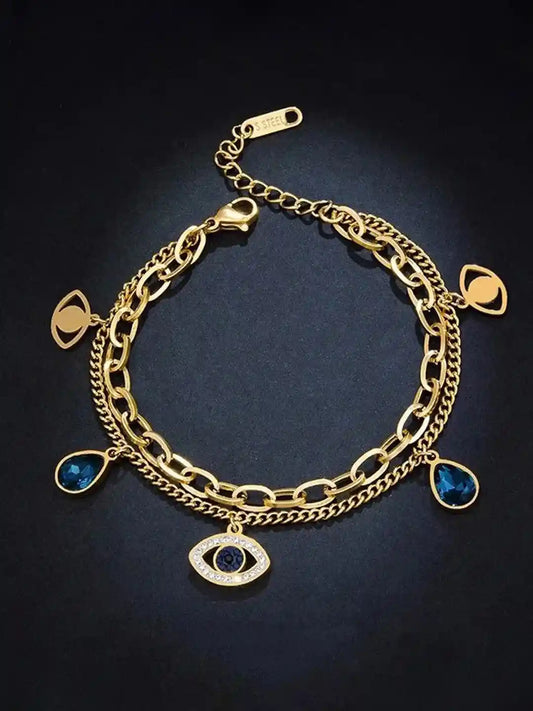 Evil Eye Gold Charm Bracelet – Blue Stone & Symbolic Protection Jewelry for Women LB10205