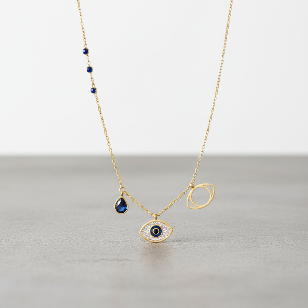Evil Eye Gold Necklace with Blue Stone – Protective Charm Pendant for Women LN10299