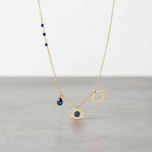 Evil Eye Gold Necklace with Blue Stone – Protective Charm Pendant for Women LN10299