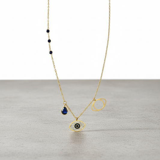 Evil Eye Gold Necklace with Blue Stone – Protective Charm Pendant for Women LN10299