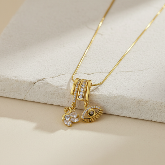 Evil Eye & Swan Gold Pendant Necklace – Dual Charm Crystal Jewelry for Women LN10304