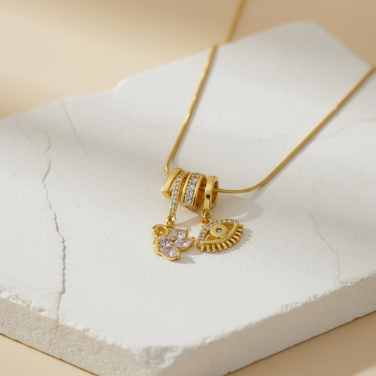 Evil Eye & Swan Gold Pendant Necklace – Dual Charm Crystal Jewelry for Women LN10304
