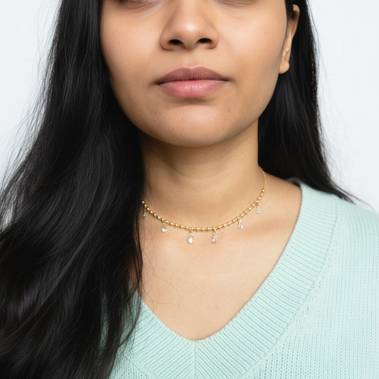 Gold Beaded Crystal Drop Choker – Elegant Dainty Choker Necklace for Women LN10311
