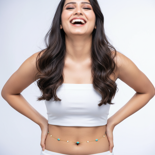 Gold Belly Chain with Turquoise Charms – Elegant Waist Chain for Women LBC10107