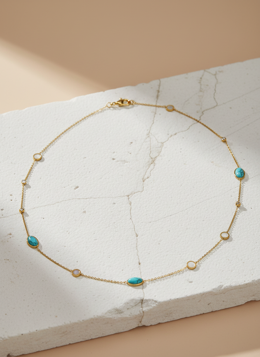 Gold Belly Chain with Turquoise Charms – Elegant Waist Chain for Women LBC10107
