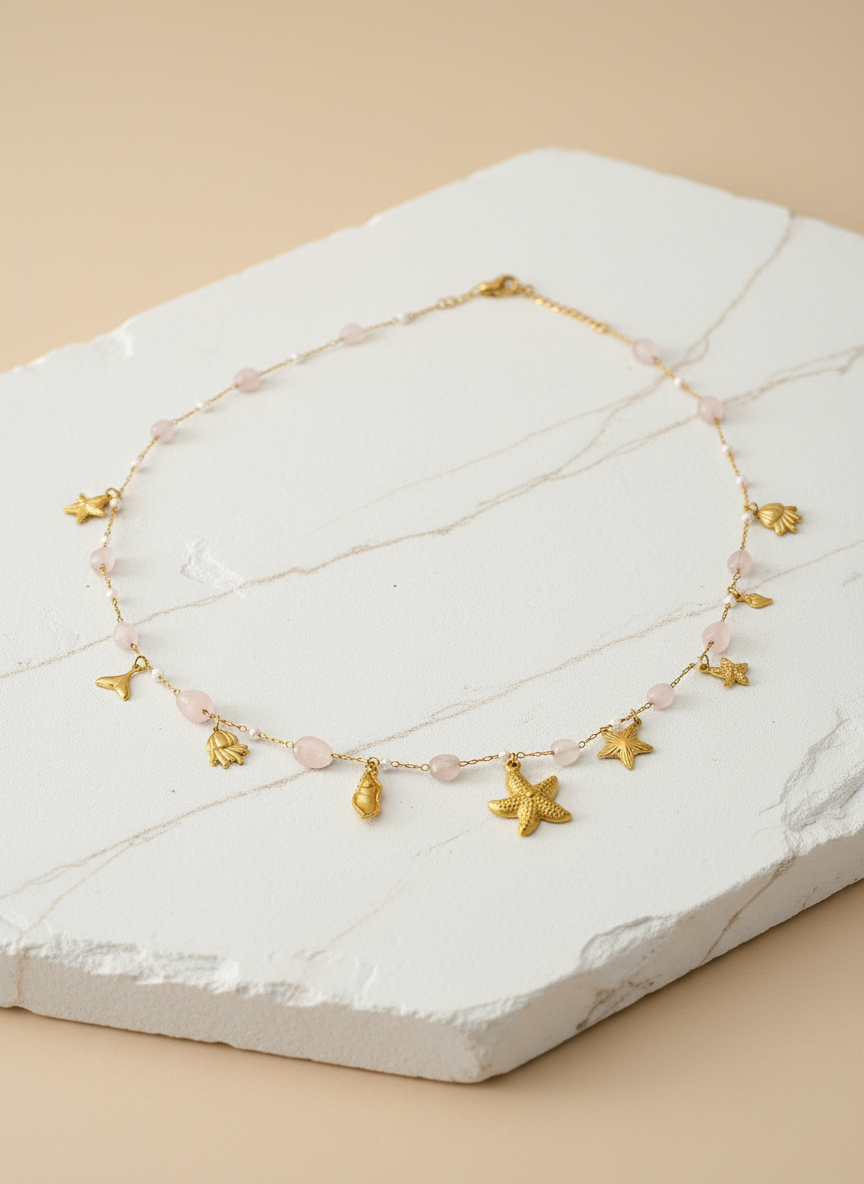 Gold Seashell Belly Chain with Pink Beads – Ocean Charm Waist Chain for Women LBC10108