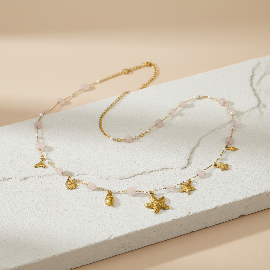 Gold Seashell Belly Chain with Pink Beads – Ocean Charm Waist Chain for Women LBC10108