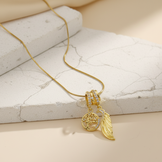 Gold Tree of Life & Feather Pendant Necklace – Dual Charm Elegant Jewelry for Women LN10302