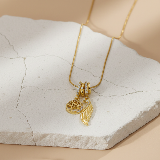 Gold Tree of Life & Feather Pendant Necklace – Dual Charm Elegant Jewelry for Women LN10302