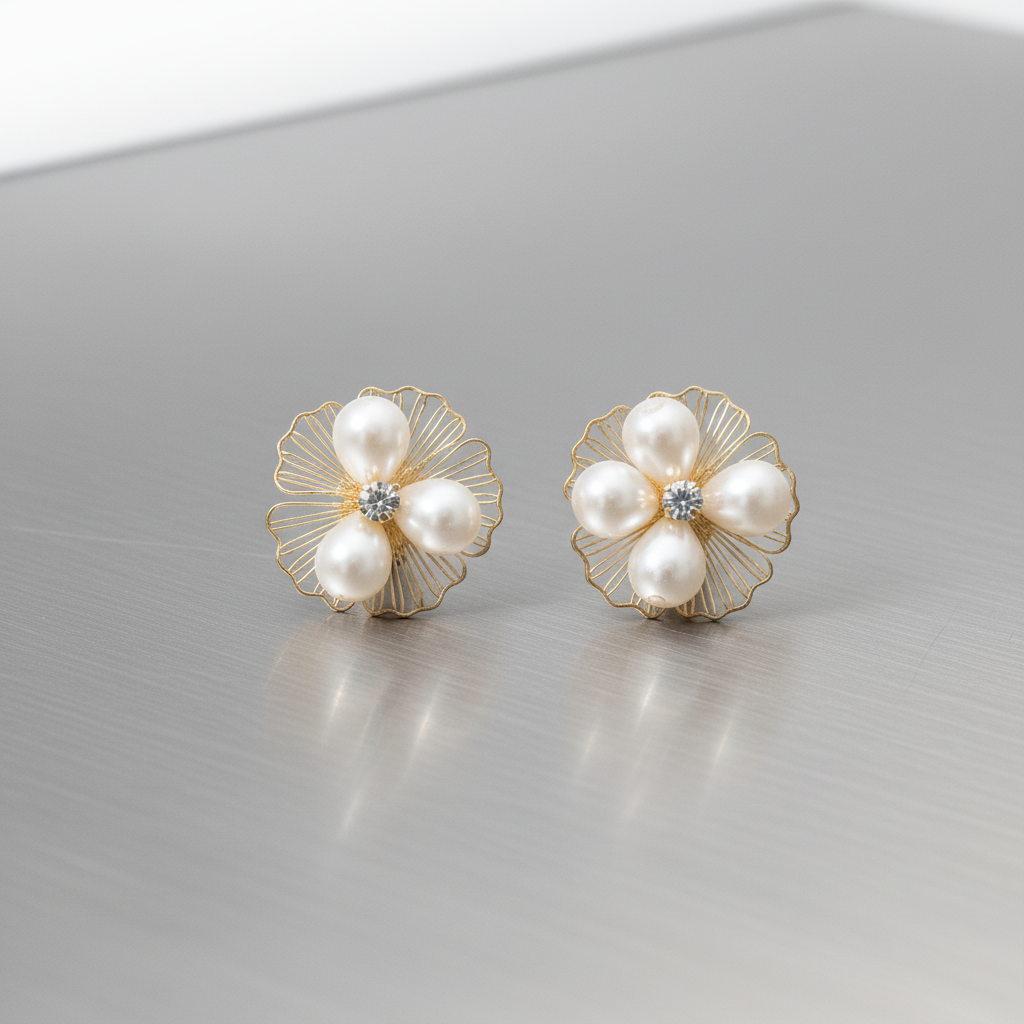 Pearl Flower Stud Earrings – Elegant Gold Floral Design with Crystal Center LE10341