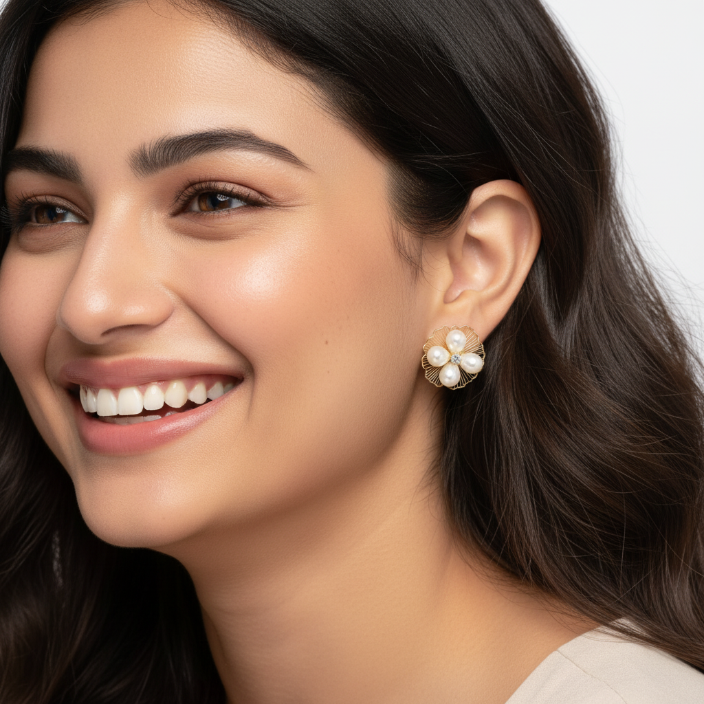 Pearl Flower Stud Earrings – Elegant Gold Floral Design with Crystal Center LE10341